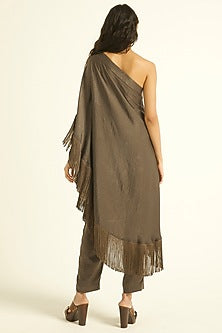 Grey Polyester Co-Ord Set With Fringes
