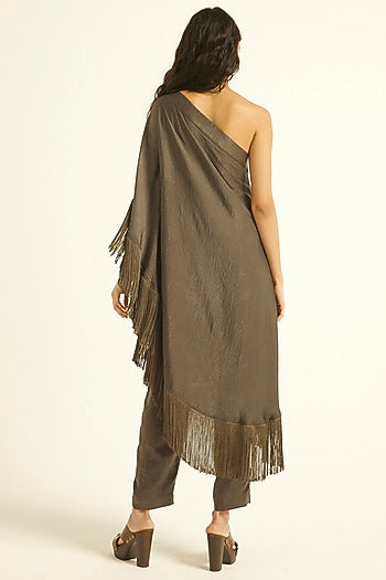 Grey Polyester Co-Ord Set With Fringes