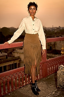 Tan Suede Fringed Midi Skirt