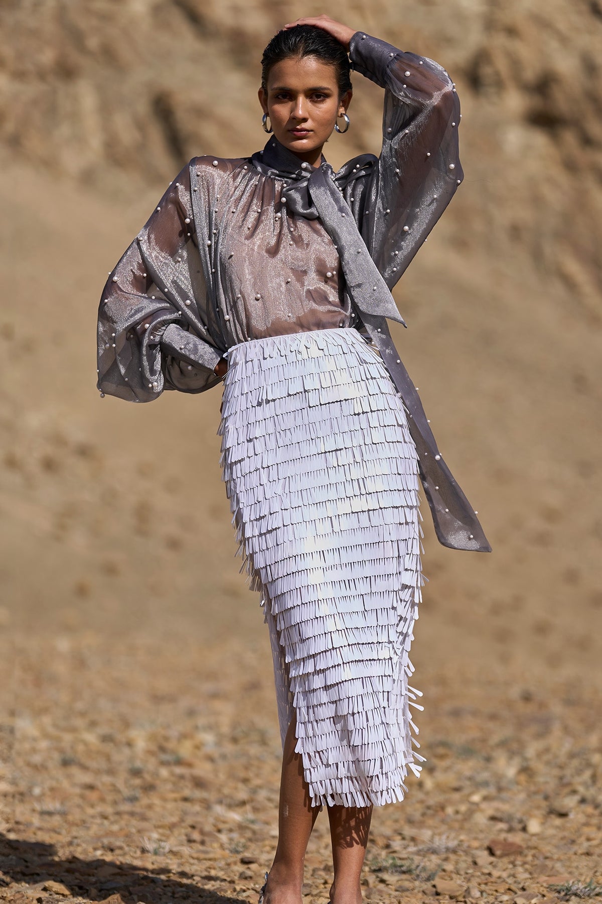 White Recycled Polyester Sequins Fringed Maxi Skirt