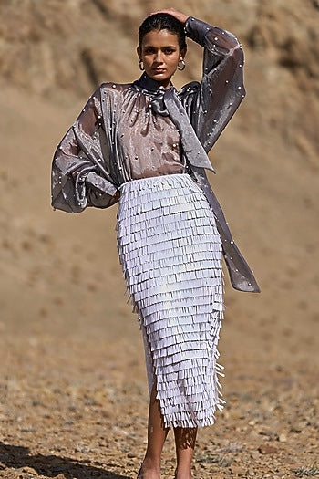 White Recycled Polyester Sequins Fringed Maxi Skirt