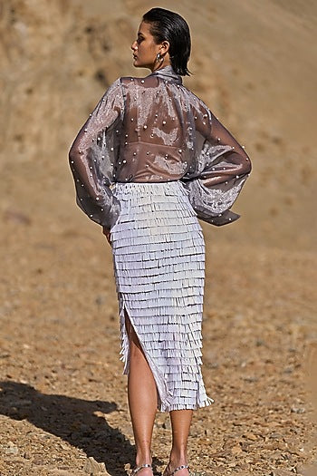 White Recycled Polyester Sequins Fringed Maxi Skirt
