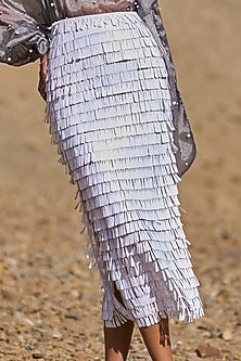White Recycled Polyester Sequins Fringed Maxi Skirt