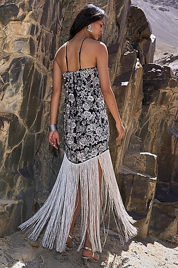 Black Rayon Metallic Floral Embroidered Fringed Midi Dress