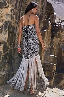 Black Rayon Metallic Floral Embroidered Fringed Midi Dress