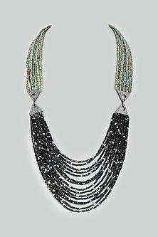 Watery Sea Green & Black Crystal Beaded Long Necklace