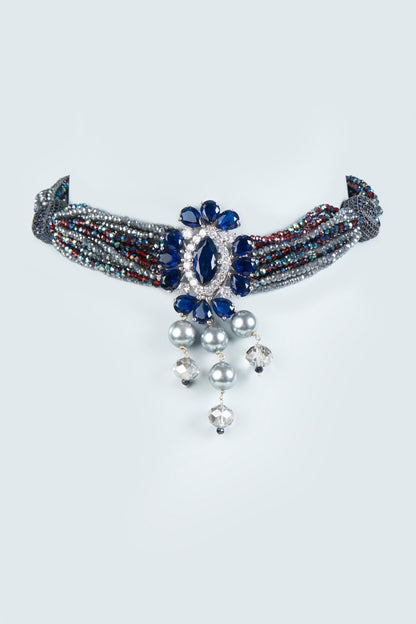 Navy Blue Beaded Choker Necklace