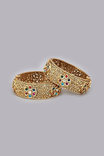 Gold Finish Kundan Polki Bangles (Set Of 2)