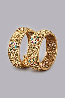 Gold Finish Kundan Polki Bangles (Set Of 2)