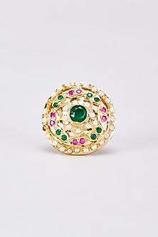 Gold Finish Kundan Polki & Green Pearl Ring