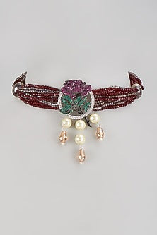 White Finish Red Crystal & Pearl Choker Necklace