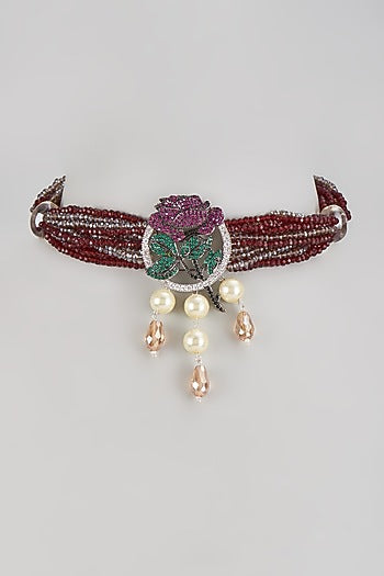 White Finish Red Crystal & Pearl Choker Necklace