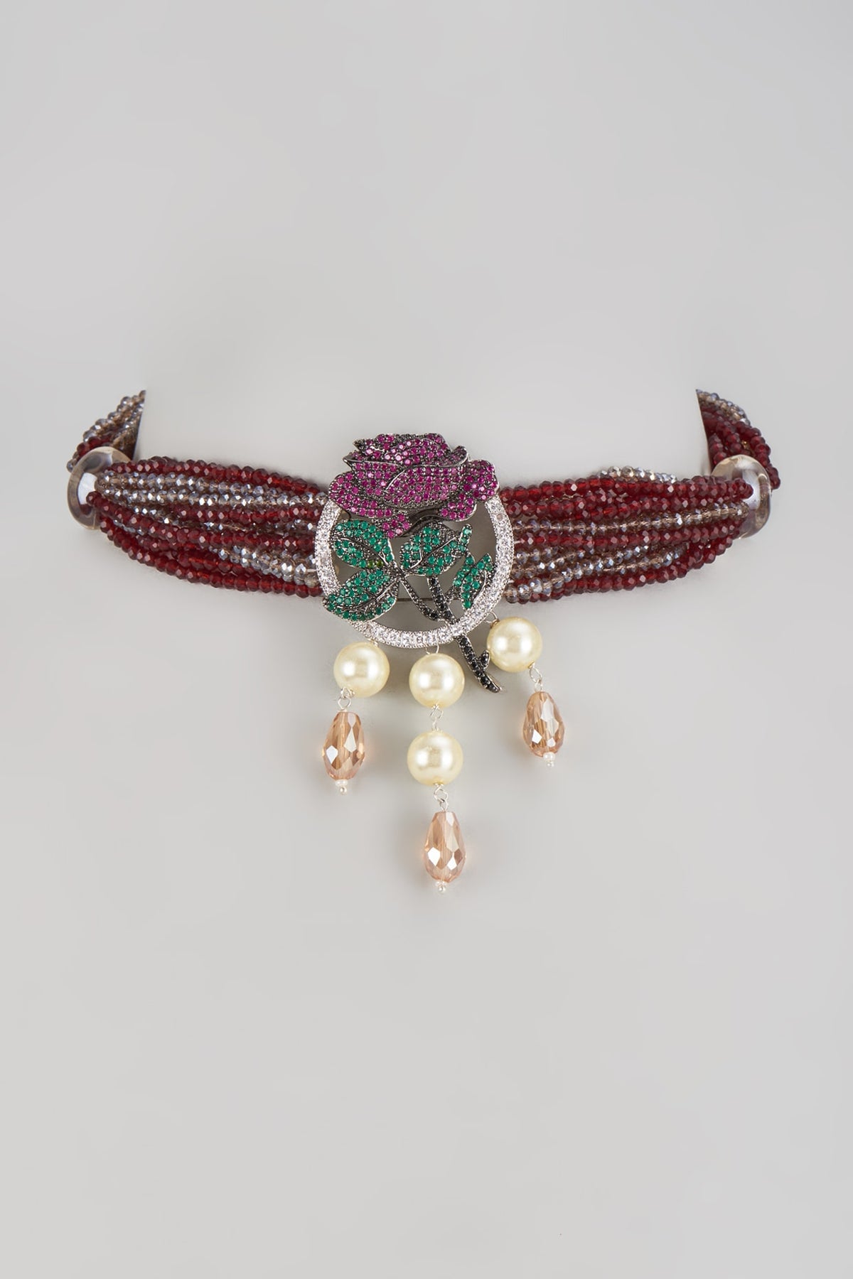 White Finish Red Crystal & Pearl Choker Necklace