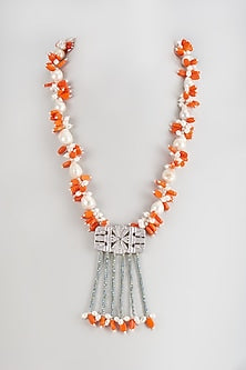 White Finish Crystal & Pearl Long Necklace