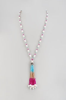 Black Rhodium Finish Crystal & Pearl Long Necklace