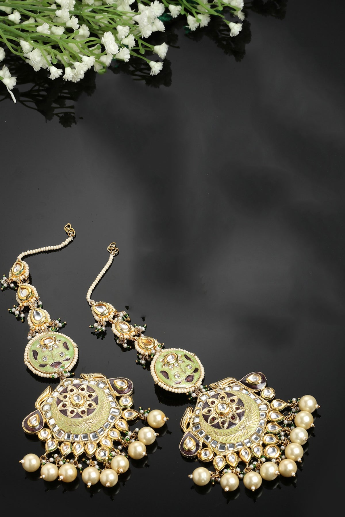Gold Finish Kundan Polki & Pearl Dangler Earrings