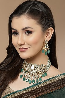 Gold Finish Kundan Polki & Pearl Dangler Earrings