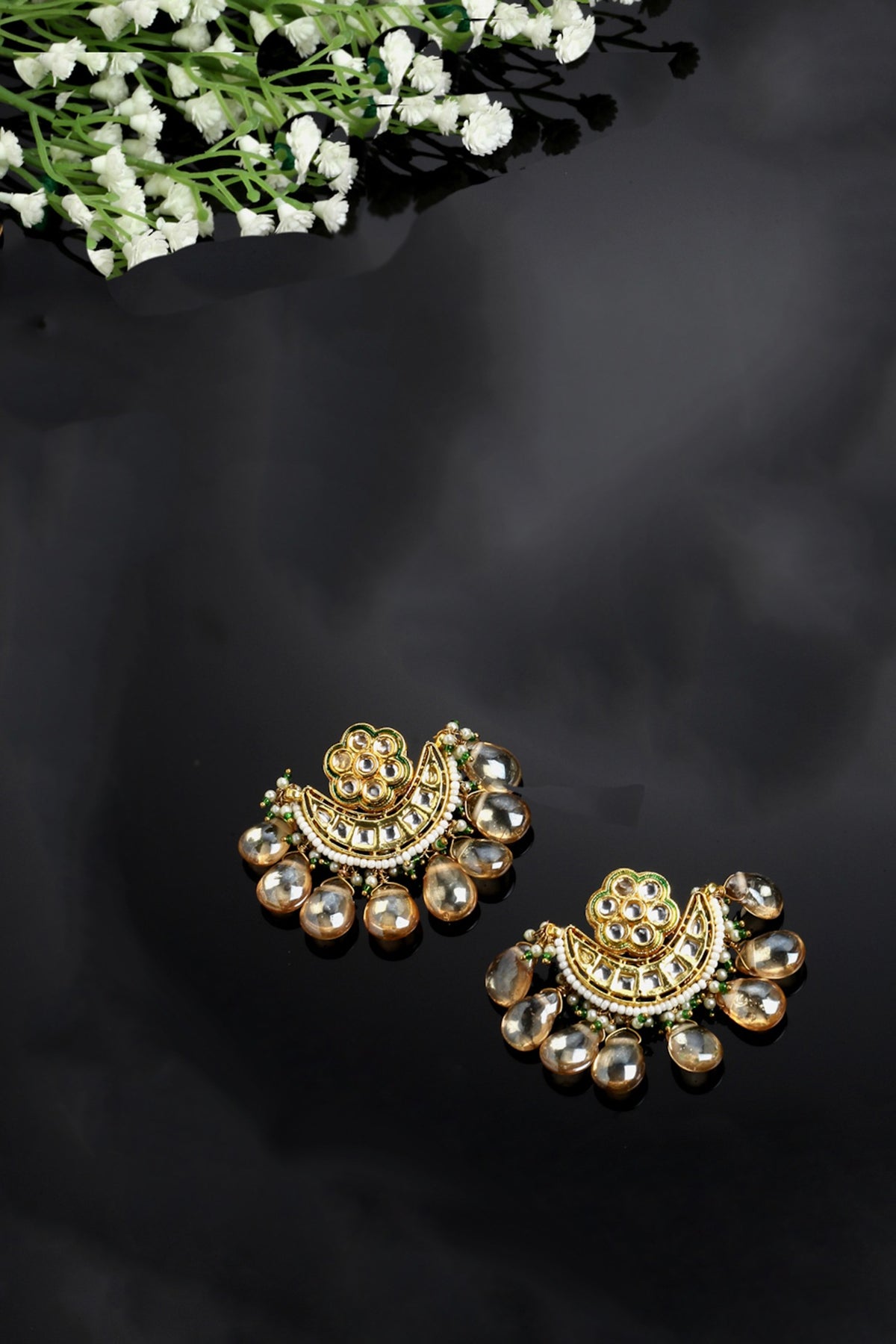 Gold Finish Kundan Polki & Pearl Dangler Earrings
