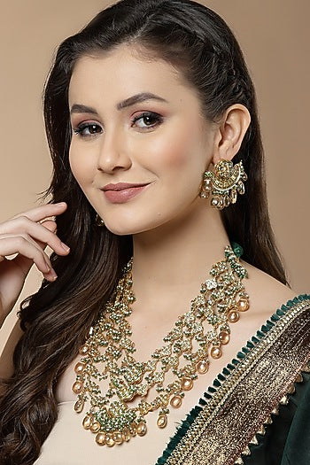 Gold Finish Kundan Polki & Pearl Dangler Earrings