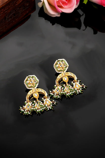 Gold Finish Kundan Polki & Pearl Dangler Earrings