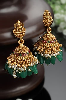 Gold Finish Kundan Polki & Natural Stone Jhumka Earrings