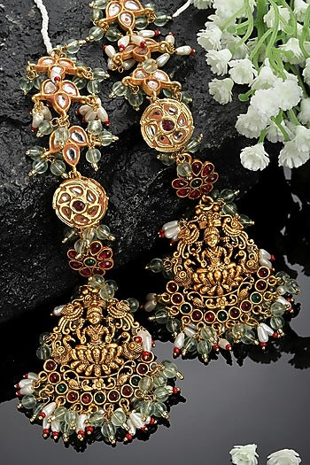 Gold Finish Kundan Polki & Pearl Jhumka Earrings