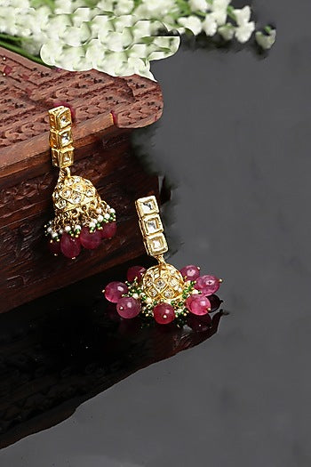Gold Finish Kundan Polki & American Diamond Jhumka Earrings