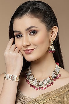 Gold Finish Kundan Polki & American Diamond Jhumka Earrings