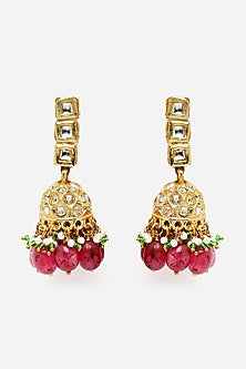 Gold Finish Kundan Polki & American Diamond Jhumka Earrings