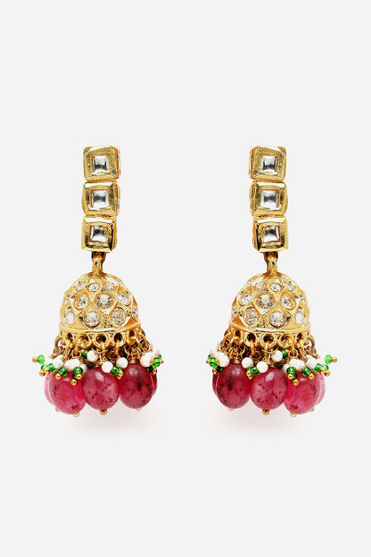 Gold Finish Kundan Polki & American Diamond Jhumka Earrings