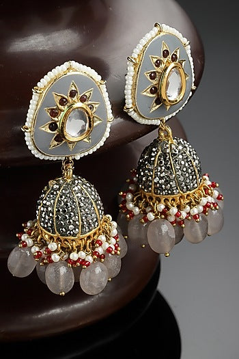 Gold Finish Kundan Polki & American Diamond Jhumka Earrings