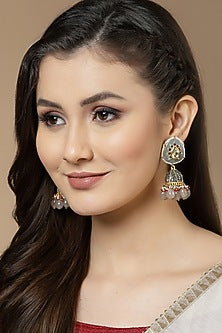 Gold Finish Kundan Polki & American Diamond Jhumka Earrings