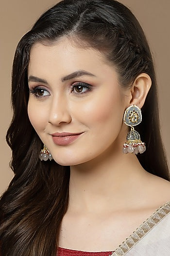 Gold Finish Kundan Polki & American Diamond Jhumka Earrings