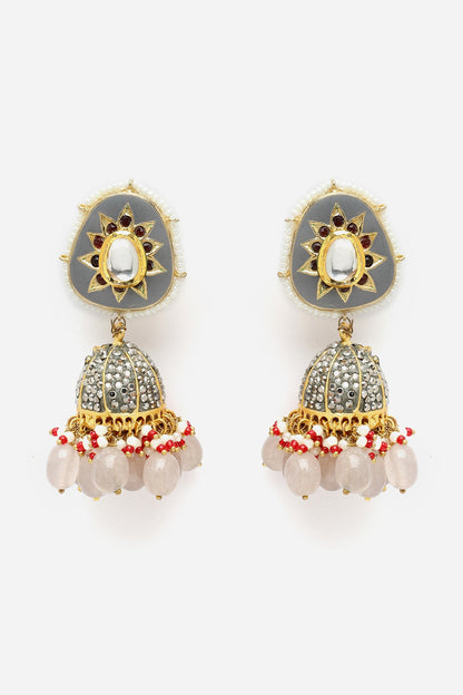 Gold Finish Kundan Polki & American Diamond Jhumka Earrings