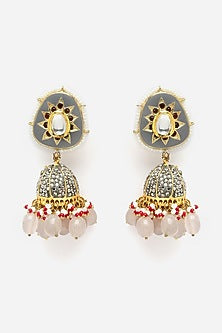 Gold Finish Kundan Polki & American Diamond Jhumka Earrings
