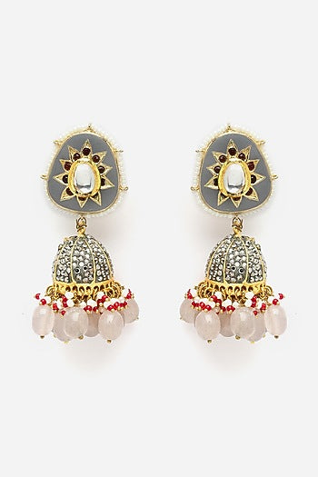 Gold Finish Kundan Polki & American Diamond Jhumka Earrings