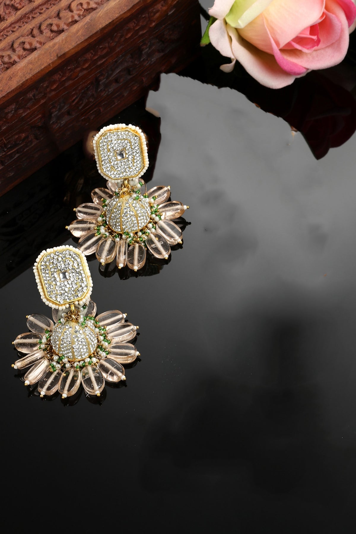 Gold Finish American Diamond & Pearl Jhumka Earrings