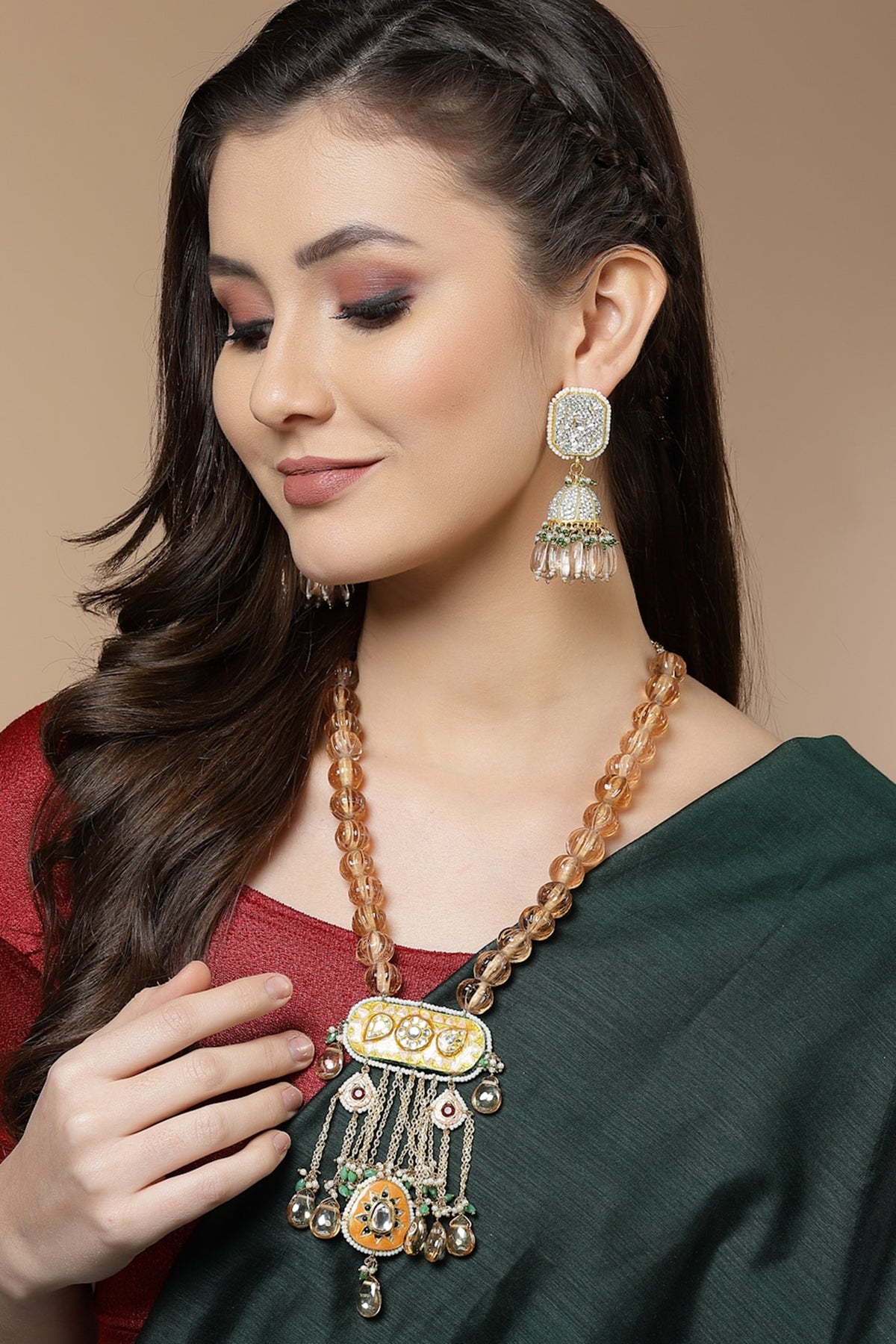 Gold Finish American Diamond & Pearl Jhumka Earrings