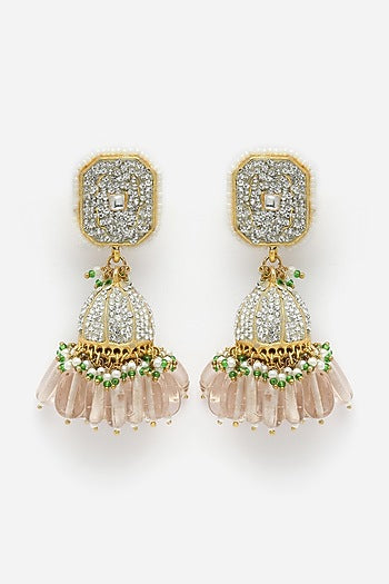 Gold Finish American Diamond & Pearl Jhumka Earrings