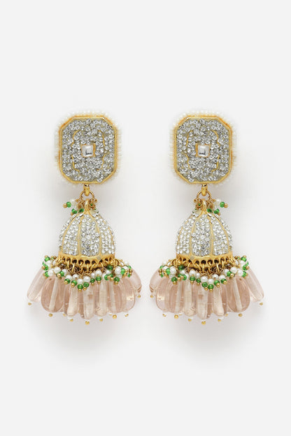 Gold Finish American Diamond & Pearl Jhumka Earrings