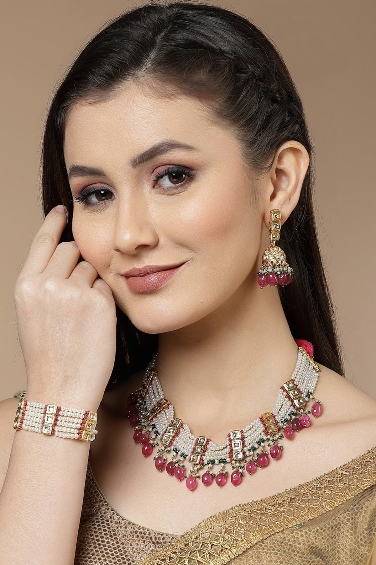 Gold Finish Kundan Polki & Pearl Bracelet