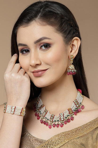 Gold Finish Kundan Polki & Pearl Bracelet