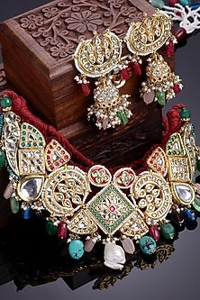 Gold Finish Kundan Polki & American Diamond Necklace Set