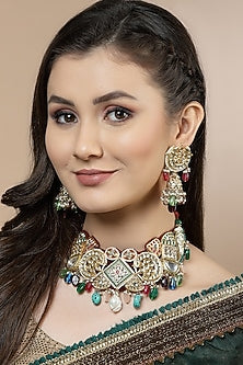 Gold Finish Kundan Polki & American Diamond Necklace Set