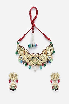 Gold Finish Kundan Polki & American Diamond Necklace Set
