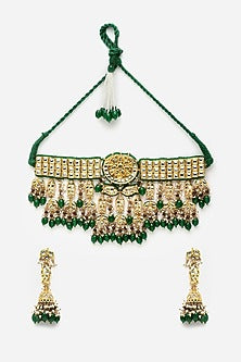 Gold Finish Kundan Polki & Pearl Necklace Set