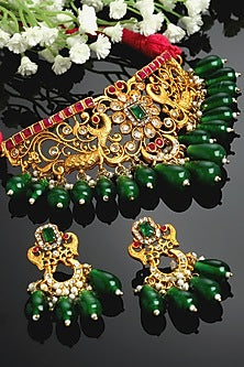 Gold Finish Kundan Polki & American Diamond Necklace Set