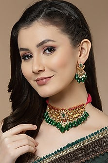 Gold Finish Kundan Polki & American Diamond Necklace Set