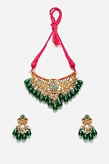 Gold Finish Kundan Polki & American Diamond Necklace Set