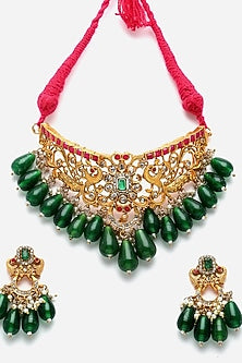 Gold Finish Kundan Polki & American Diamond Necklace Set